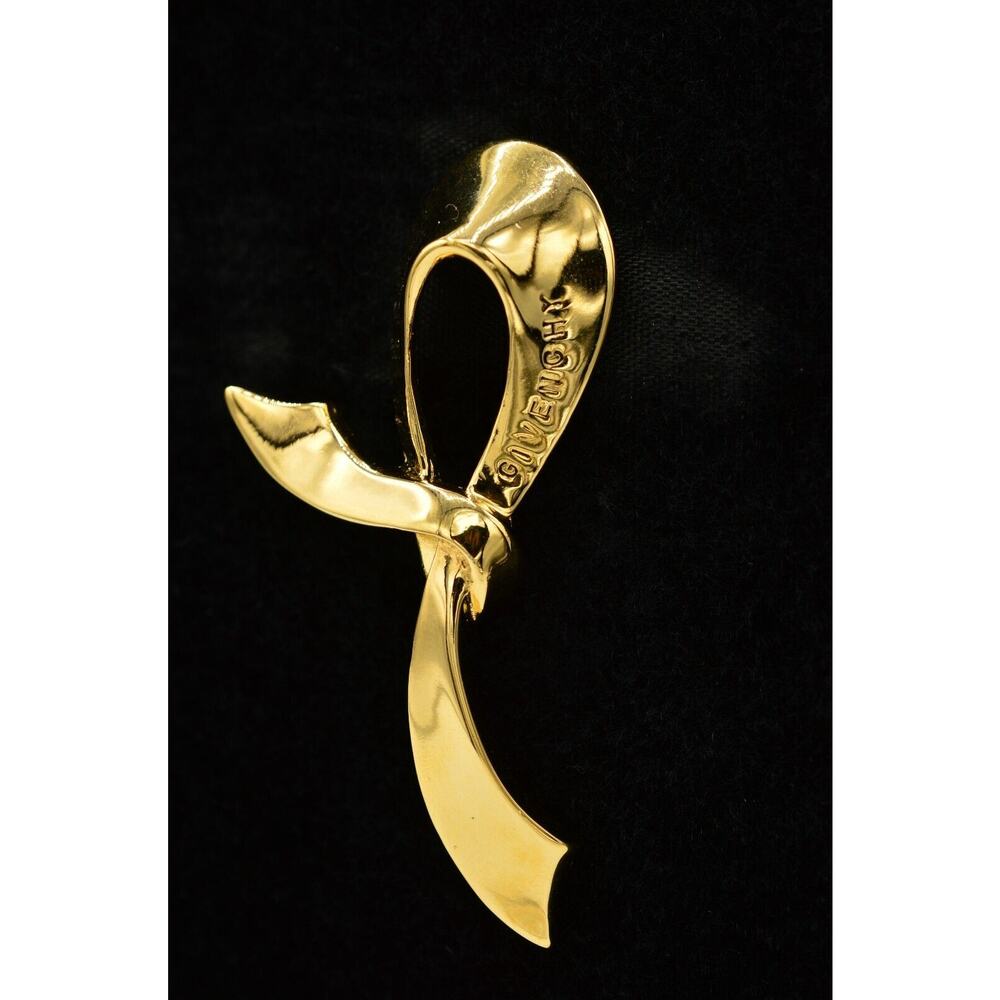 Vintage Givenchy Logo Pin Brooch Ribbon Bow Gold Runway Signed 1980s BinB